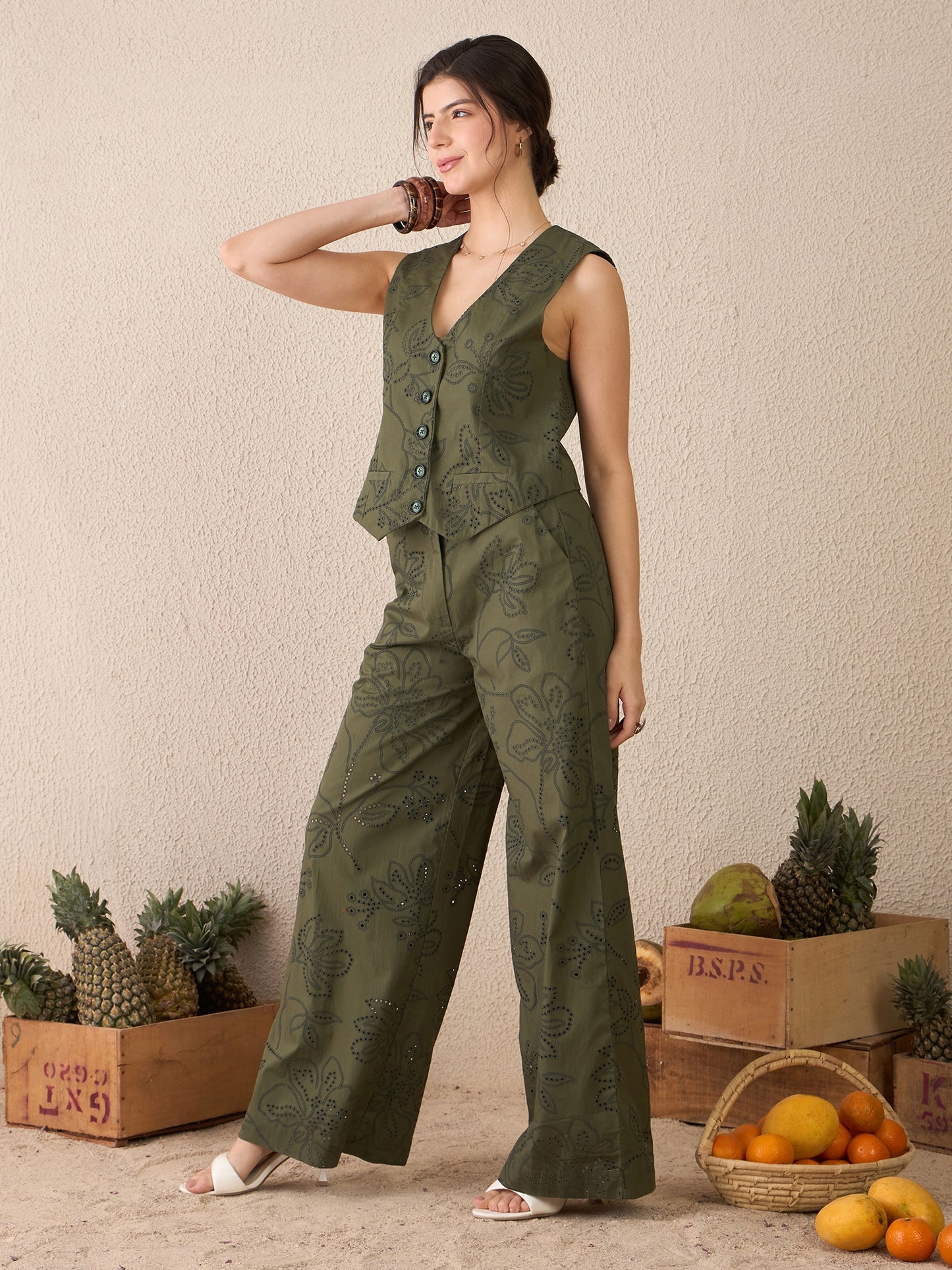 Olive Green Embroidered Waistcoat Trousers Co-ord Set for Women