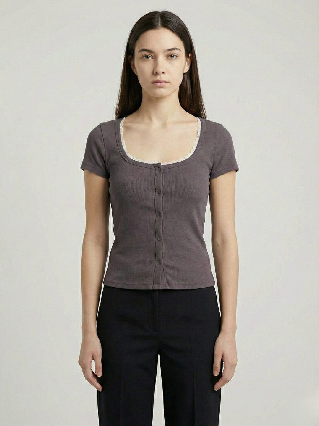 Grey Lace-Trim Button Crop Top
