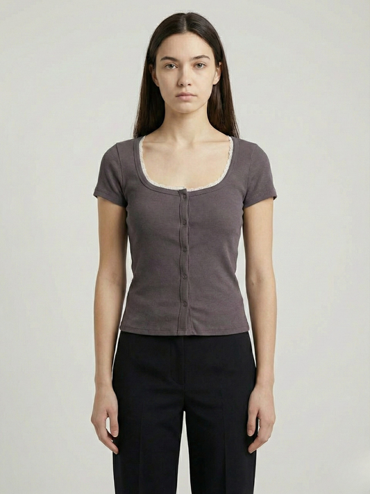 Grey Lace-Trim Button Crop Top